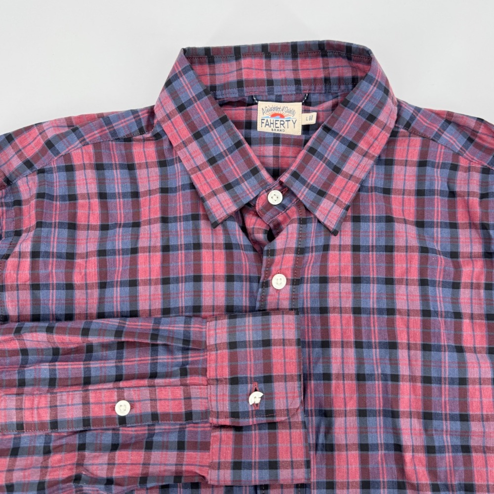 Faherty Mens Large Plaid Button Down Shirt Red Blue Supima Cotton Blend Stretch